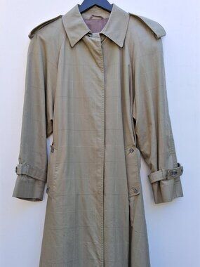Vintage AQUASCUTUM London women's full-length trench, light olive/khaki (size L)